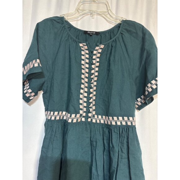 Madewell XS Teal Dress With Beige Embroidered Detail Short Sleeves Tiered Skirt - Picture 2 of 6